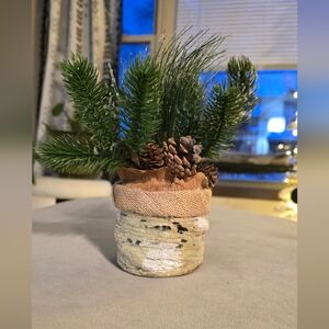 Rustic Pinecone and Pine Decor in Burlap Pot